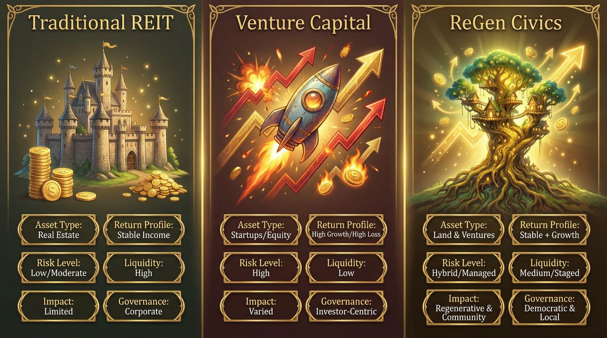 Comparison of Traditional REIT vs Venture Capital vs ReGen Civics fund structures